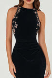 Sparkly Black Sheath Crew Neck Floral Long Formal Dress with Beading