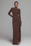 Coffee Crew Neck Ruched Velvet Long Formal Dress with Slit