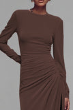 Coffee Crew Neck Ruched Velvet Long Formal Dress with Slit