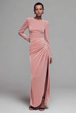 Coffee Crew Neck Ruched Velvet Long Formal Dress with Slit