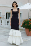 Black and White Mermaid Thick Straps Long Tiered Formal Dress