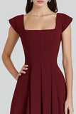 Burgundy A-Line Square Neck Cap Sleeves Long Formal Dress