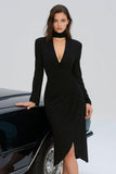 Midi Black High Neck Bodycon Long Sleeves Cocktail Dress with Slit
