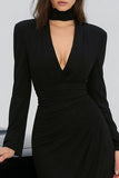 Midi Black High Neck Bodycon Long Sleeves Cocktail Dress with Slit