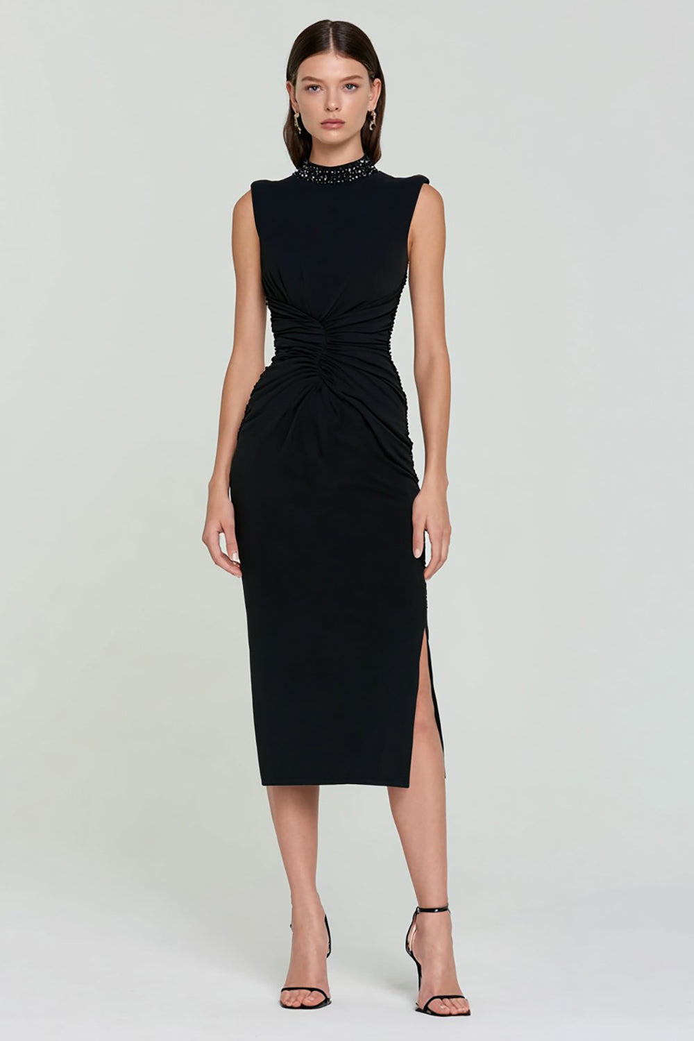 Leely Women Sparkly Black Midi Cocktail Dress with Slit Bodycon High