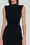 Black High Neck Bodycon Midi Cocktail Dress with Slit