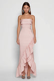Pink Strapless Mermaid Ruffled Long Wedding Guest Dress with Slit