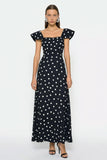 Black and White Polka Dots Cap Sleeves Maxi Wedding Guest Dress