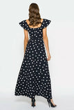 Black and White Polka Dots Cap Sleeves Maxi Wedding Guest Dress