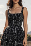 Black and White Polka Dots Thick Straps A Line Long Wedding Guest Dress