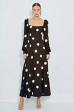Brown and White Polka Dots Maxi Wedding Guest Dress with Sleeves