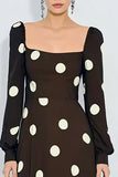 Brown and White Polka Dots Maxi Wedding Guest Dress with Sleeves