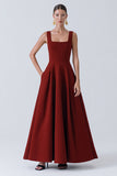 Red Thick Straps Backless A Line Long Wedding Guest Dress