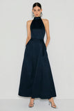Navy A Line High Neck Long Wedding Guest Dress