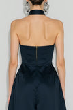 Navy A Line High Neck Long Wedding Guest Dress