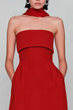 Red Strapless Neck Scarf A Line Long Wedding Guest Dress
