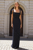 Black and White Sheath Polka Dots Long Wedding Guest Dress with Bows