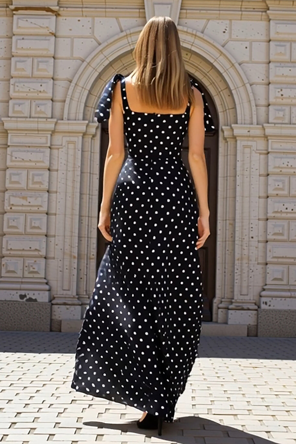 Leely Women Black and White Sheath Polka Dots Maxi Wedding Guest Dress Thick Straps Backless Formal Dress with Bows leelyuk Leely Women Black and White Sheath Polka Dots Maxi Wedding Guest Dress Thick Straps Backless Formal Dress with Bows leelyuk