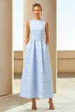 Blue Jacquard A Line Crew Neck Long Wedding Guest Dress