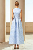 Blue Jacquard A Line Crew Neck Long Wedding Guest Dress