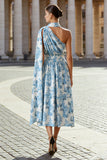Floral White and Blue A Line One Shoulder Midi Wedding Guest Dress