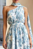 Floral White and Blue A Line One Shoulder Midi Wedding Guest Dress
