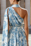 Floral White and Blue A Line One Shoulder Midi Wedding Guest Dress