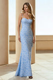 Floral Blue Spaghetti Straps Mermaid Wedding Guest Dress