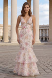 Floral Pink V-Neck Mermaid Long Wedding Guest Dress with Ruffles
