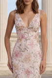Floral Pink V-Neck Mermaid Long Wedding Guest Dress with Ruffles