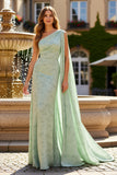 Sage Sheath Long Floral Wedding Guest Dress with Side Cape