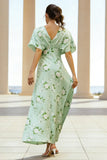 Floral Sage V-Neck Sheath Long Wedding Guest Dress with Sleeves