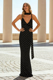 Black and White Polka Dots Mermaid Spaghetti Straps Long Wedding Guest Dress