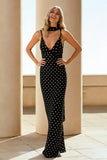Black and White Polka Dots Mermaid Spaghetti Straps Long Wedding Guest Dress
