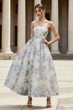 Dusty Blue A Line Jacquard Floral Long Corset Wedding Guest Dress