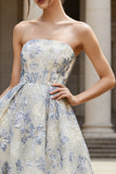 Dusty Blue A Line Jacquard Floral Long Corset Wedding Guest Dress