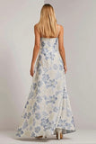 Floral Dusty Blue Spaghetti Straps Long Jacquard Wedding Guest Dress