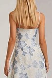 Floral Dusty Blue Spaghetti Straps Long Jacquard Wedding Guest Dress