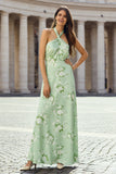 Floral Sage Backless Sheath Halter Long Wedding Guest Dress
