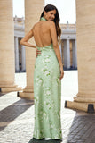 Floral Sage Backless Sheath Halter Long Wedding Guest Dress