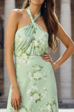 Floral Sage Backless Sheath Halter Long Wedding Guest Dress