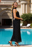 Black and White Polka Dots Neck Scarf Sheath Long Wedding Guest Dress