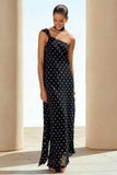 Black and White One Shoulder Polka Dots Long Wedding Guest Dress