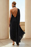 Black and White One Shoulder Polka Dots Long Wedding Guest Dress