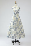 Floral Dusty Blue Jacquard A Line Long Wedding Guest Dress