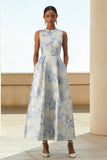 Floral Dusty Blue Jacquard A Line Long Wedding Guest Dress