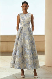 Floral Dusty Blue Jacquard A Line Long Wedding Guest Dress
