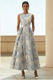Leely Women Floral Dusty Blue Jacquard Maxi Wedding Guest Dress A Line Crew Neck Formal Dress