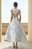 Floral Dusty Blue Jacquard A Line Long Wedding Guest Dress