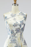 Floral Dusty Blue Jacquard A Line Long Wedding Guest Dress